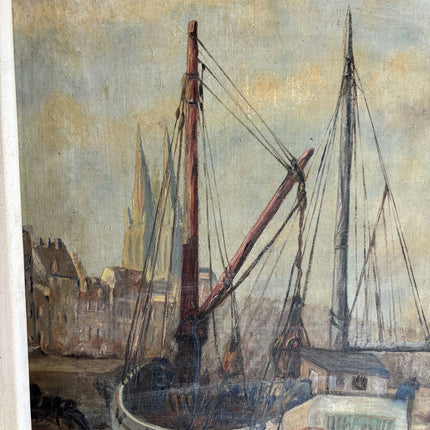 Detailed Harbor Scene Oil Painting "Docked Boats" Vintage Artwork Holland Art Shop