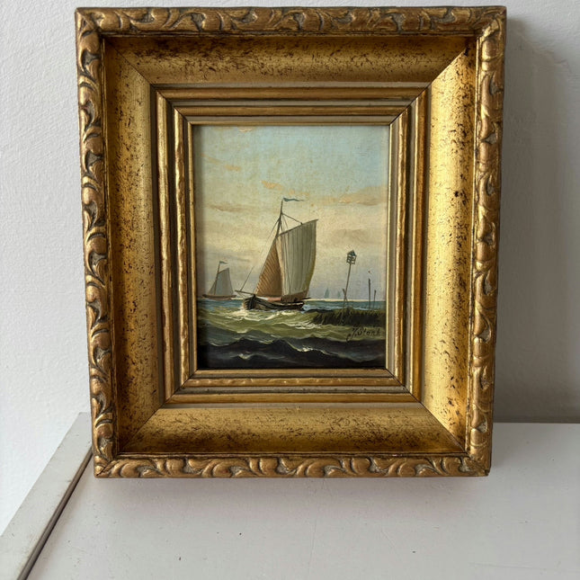 Handcrafted Oil Painting Seascape "Sailing Vessels" Intriguing Small Artwork Holland Art Shop