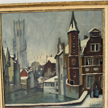 Handcrafted Oil Painting Cityscape "Snowy Street Corner" Remarkable Small Art Holland Art Shop