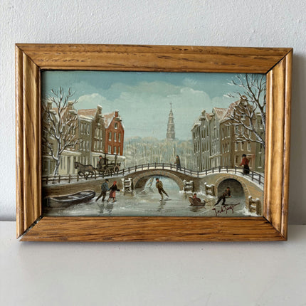 Fine Oil Painting Cityscape "Ice Skating Scene" Vintage Small Artwork Holland Art Shop