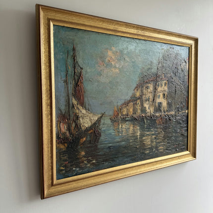 Original Harbor Scene Oil Painting "Harbor Boats" Rustic Large Art Holland Art Shop