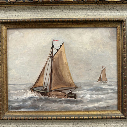 Rustic Seascape Oil Painting "Sailing Boat" Vintage Belgian Art Holland Art Shop