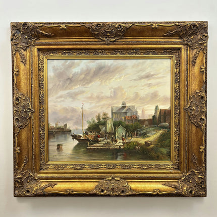 Handcrafted Harbor Scene Oil Painting "Harbor Scene" Traditional Large Artwork Holland Art Shop