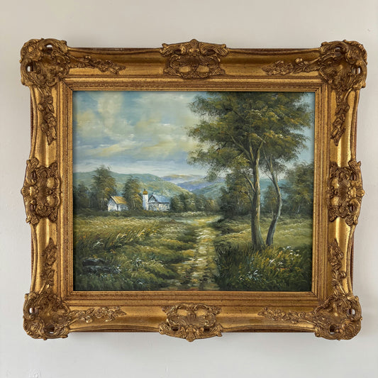 Vintage Oil Painting Landscape "Rustic Chapel" Expressive Large Artwork