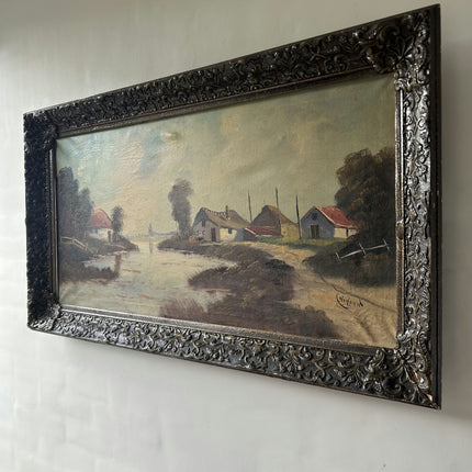Authentic Landscape Oil Painting "Riverside Cottages" Detailed Large Artwork Holland Art Shop