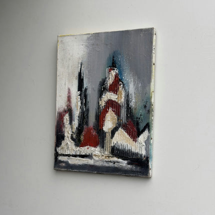 Refined Cityscape Oil Painting "Red Cathedral" Authentic Small Artwork Holland Art Shop