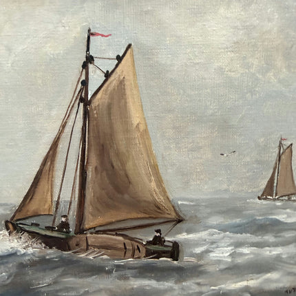 Rustic Seascape Oil Painting "Sailing Boat" Vintage Belgian Art Holland Art Shop