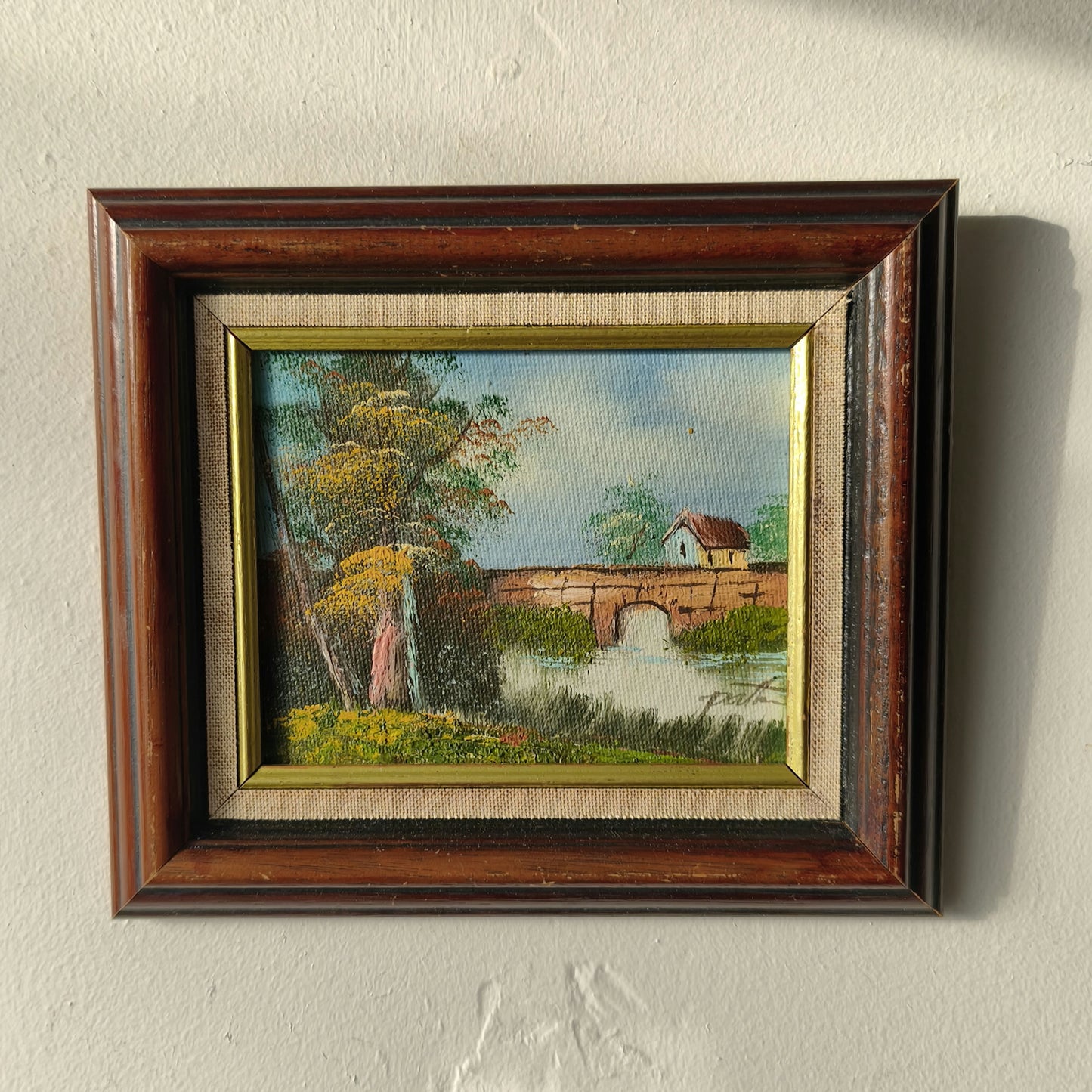 Figurative Landscape Oil Painting "Autumn Bridge" Vintage Small Art