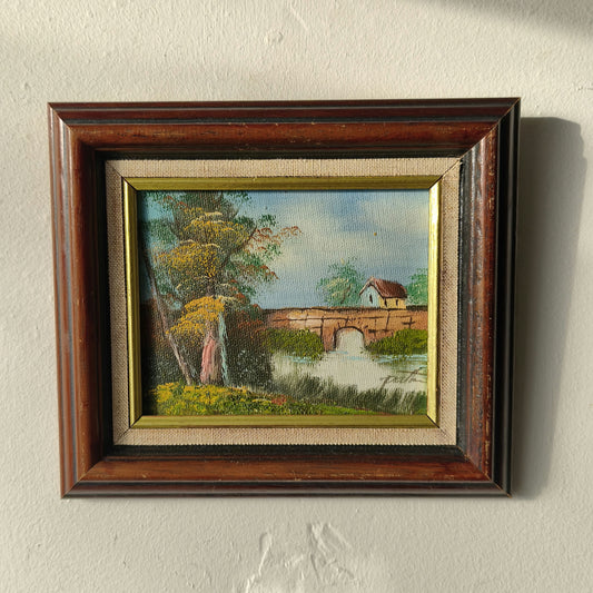 Figurative Landscape Oil Painting "Autumn Bridge" Vintage Small Art