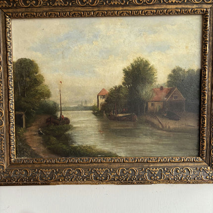19th Century Antique Harbor Scene Oil Painting "Ornate Frame" Art Holland Art Shop