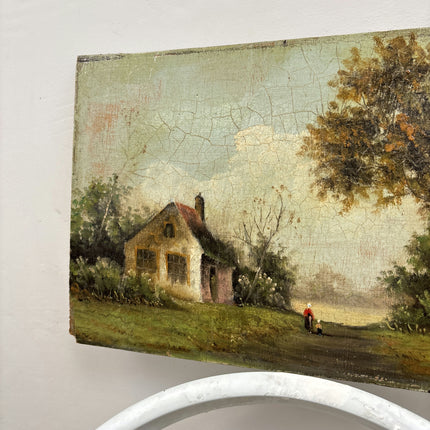 19th Century Antique Landscape Oil Painting "Country Cottage" Small Artwork Holland Art Shop
