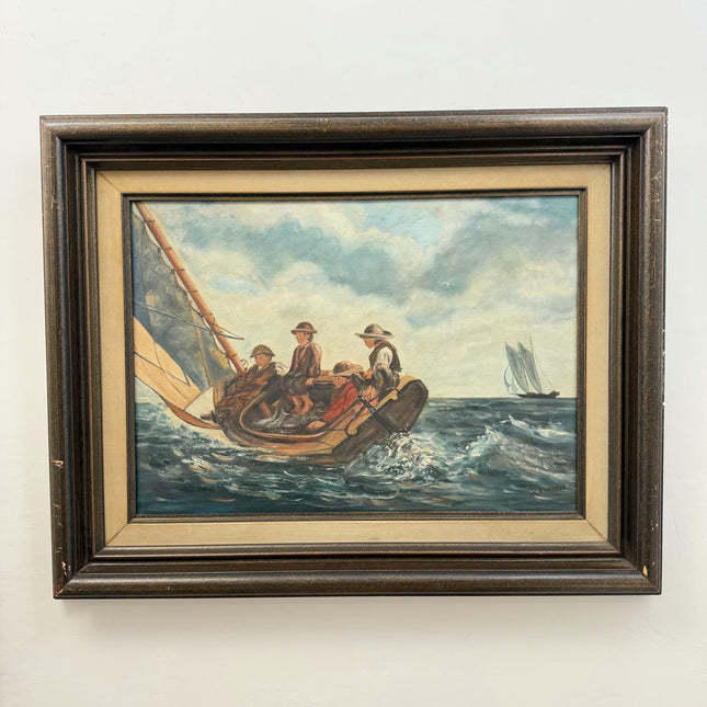 Authentic Seascape Oil Painting "Sailboat Crew" Rustic Large Art Holland Art Shop