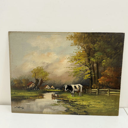 Original Landscape Oil Painting "Grazing Cow" Classic Small Art Holland Art Shop