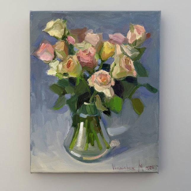 Original Floral Still Life Oil Painting "Glass Vase" Rustic Small Art Holland Art Shop