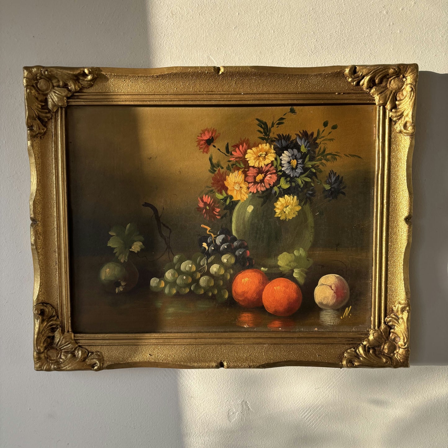 Antique Flowery Still Life Oil Painting "Fruit Arrangement" Refined Medium Art