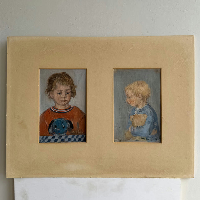 Rustic Figurative Oil Painting "Two Children" Authentic Small Artwork Holland Art Shop