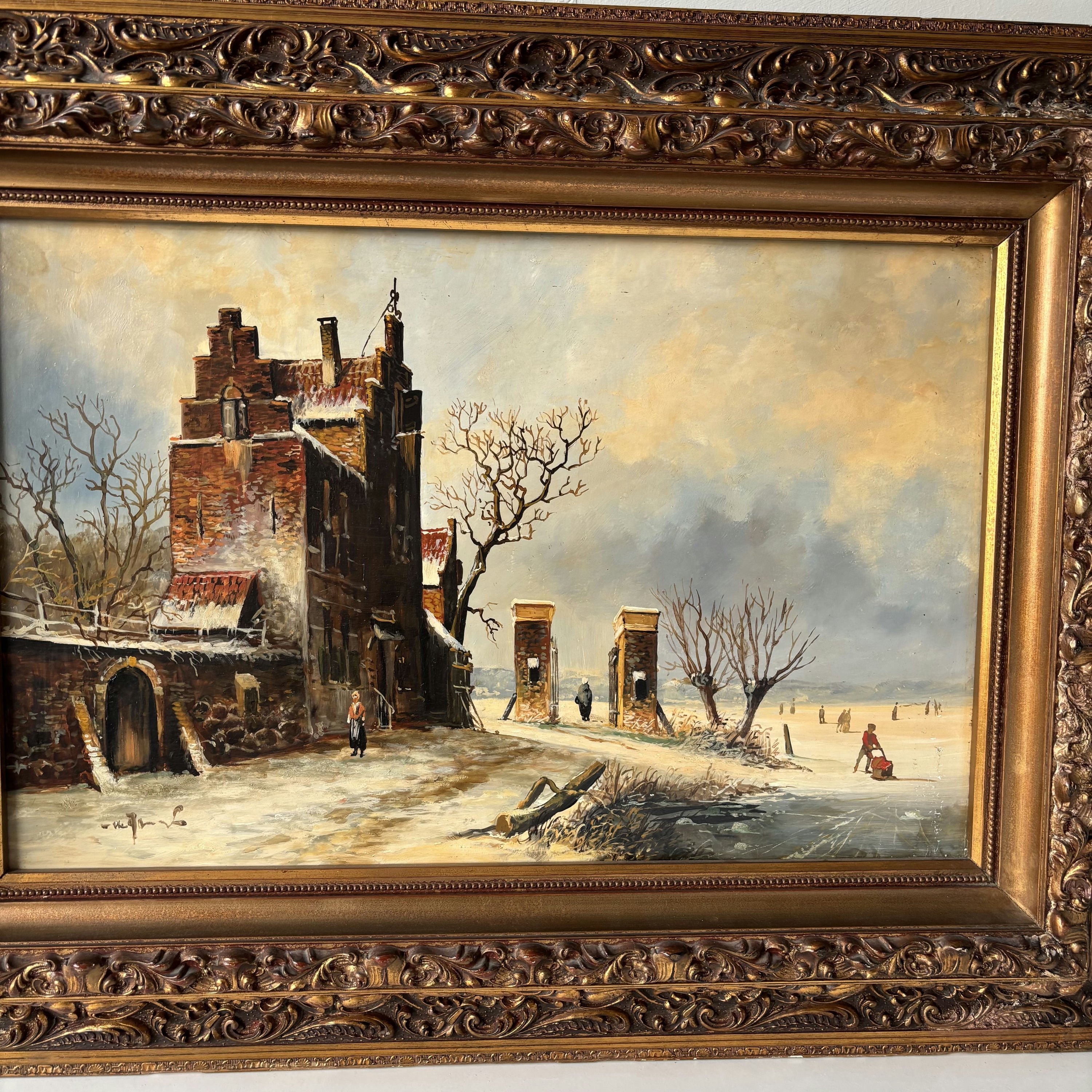 19th Century Antique Brick Building Snow Trees Skaters Oil Painting Authentic