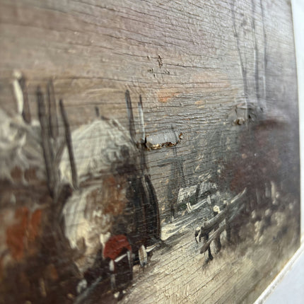 19th Century Antique Winter Landscape Oil Painting "Hay Carts" Small Artwork Holland Art Shop