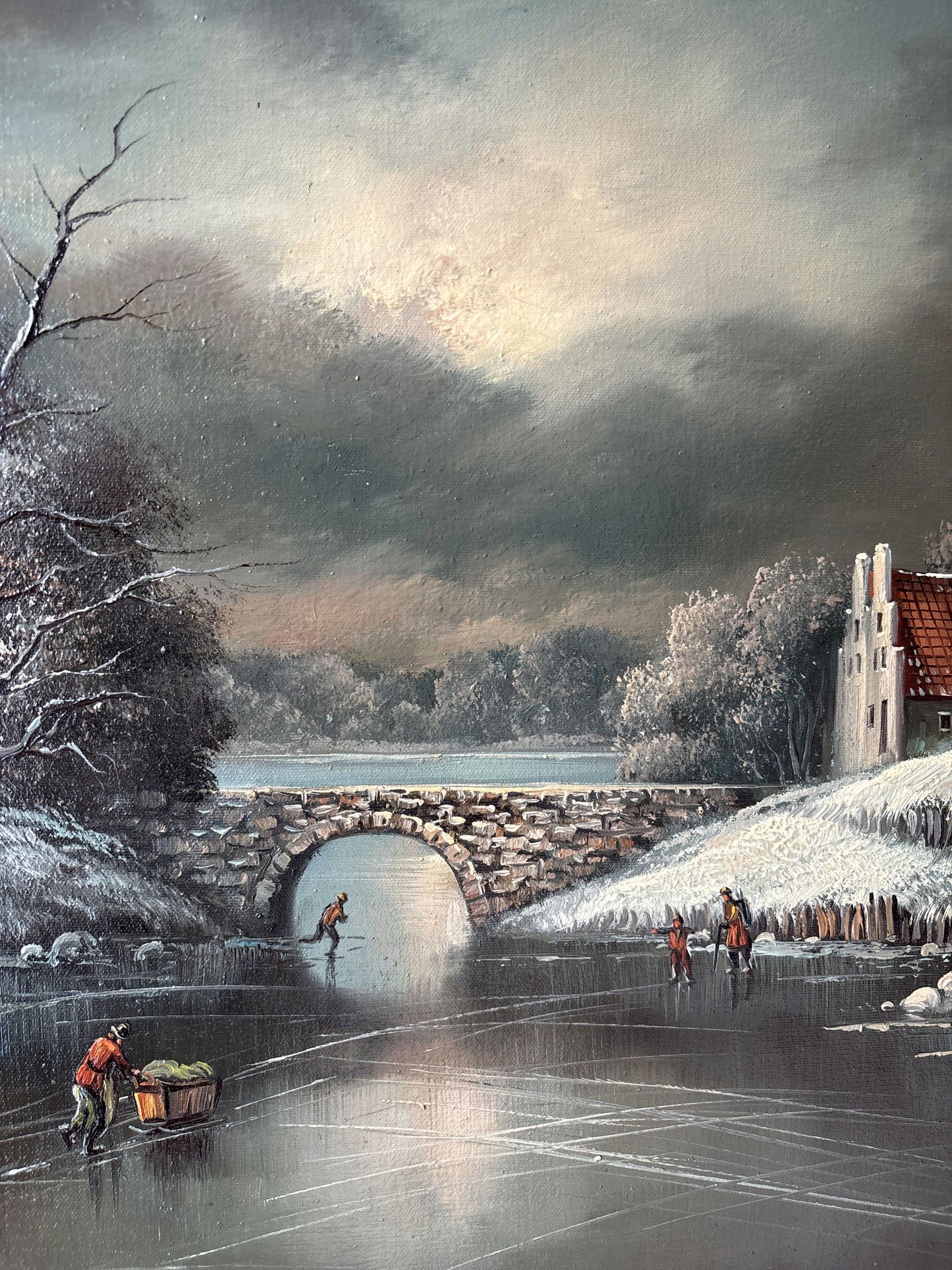 20th Century Vintage Winter Windmill Stone Bridge River Skaters Oil Painting
