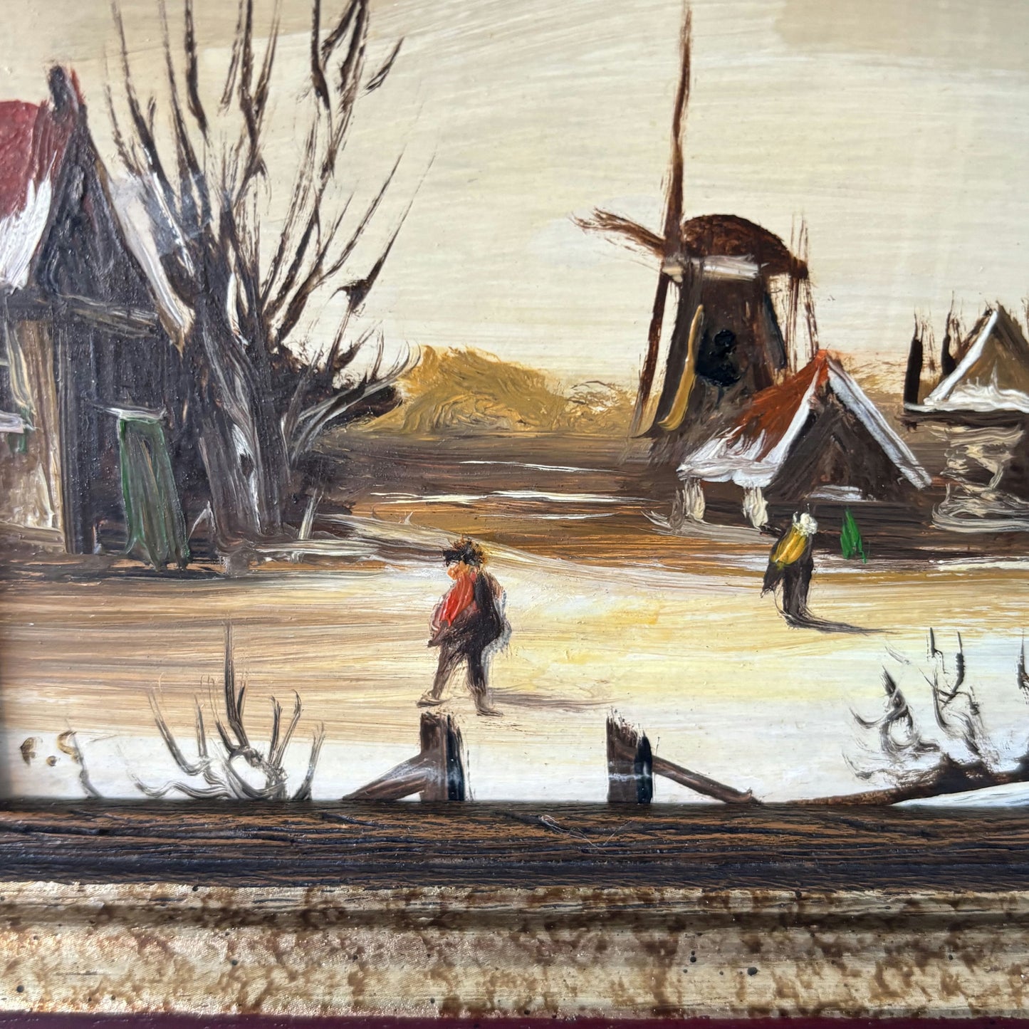 Refined Winter Landscape Oil Painting "Walking Figures" Original Small Art