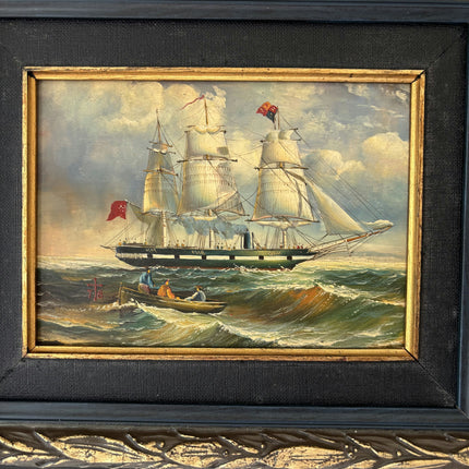 19th Century Antique Seascape Oil Painting "Green Ship" Small Art Holland Art Shop