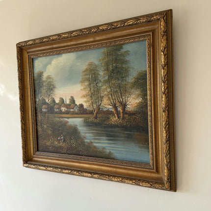 Rustic Cityscape Oil Painting "Thatched Cottages" Vintage Artwork Holland Art Shop