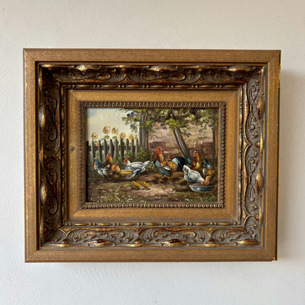 Antique Oil Painting Animals "Flock Of Chickens" Intriguing Small Art Holland Art Shop