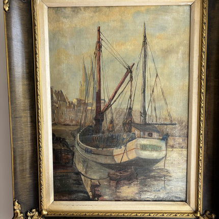 Detailed Harbor Scene Oil Painting "Docked Boats" Vintage Artwork Holland Art Shop