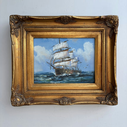 Refined Seascape Oil Painting "Sailing Ship" Traditional Small Artwork Holland Art Shop