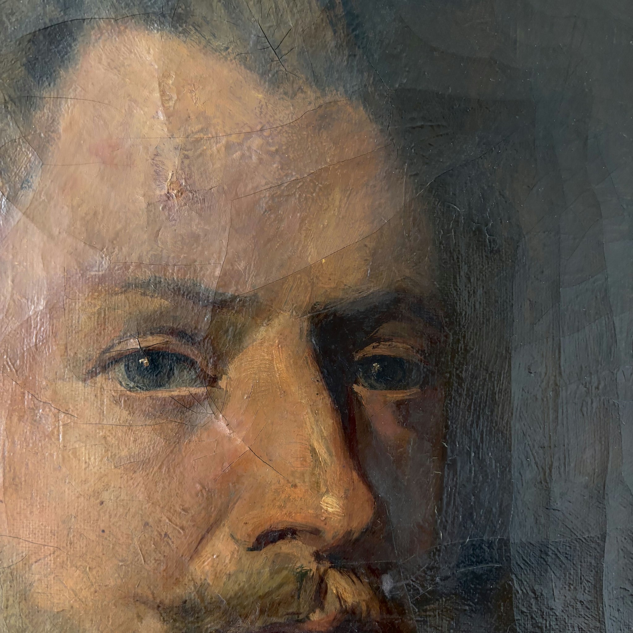 19th Century Gentleman Black Suit Beard Collar Antique Oil Painting Authentic