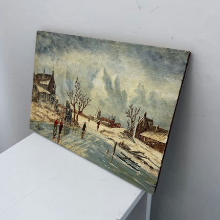 Traditional Winter Landscape Oil Painting "Frozen River" Small Artwork Holland Art Shop