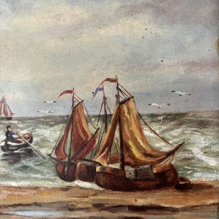 19th Century Antique Seascape Oil Painting "Fishing Boats" Small Art Holland Art Shop
