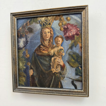 Rustic Religious  Oil Painting "Crowned Madonna" Handcrafted Small Artwork Holland Art Shop
