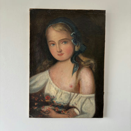 1885 Antique Portrait Oil Painting "Blue Ribbon Girl" Artwork Holland Art Shop
