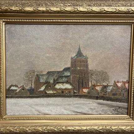 1938 Cityscape Oil Painting "Snow Village" Artwork Holland Art Shop