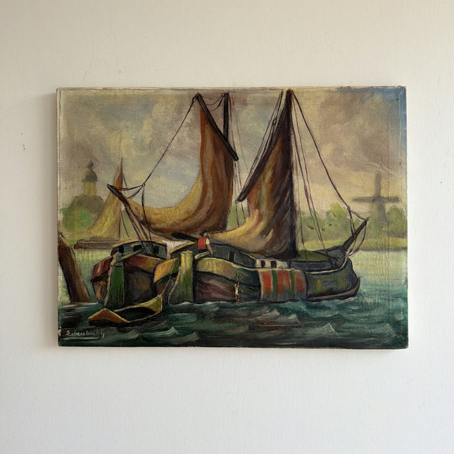 Original Harbor Scene Oil Painting "Sailboat Hull" Vintage Small Artwork Holland Art Shop