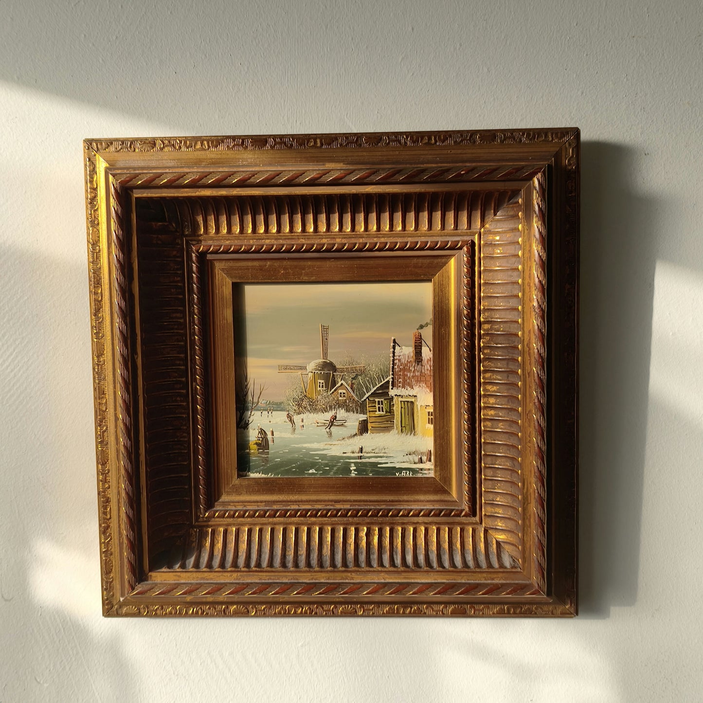 Authentic “Winter Village” Framed Oil Painting Snowy Windmill European Scene