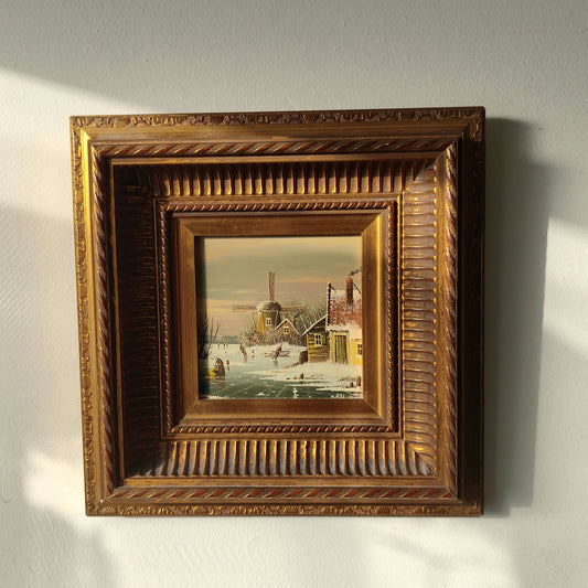 Authentic “Winter Village” Framed Oil Painting Snowy Windmill European Scene