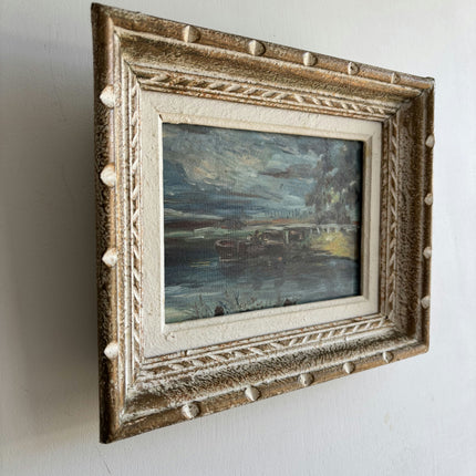 Authentic Harbor Scene Oil Painting "Painted Frame" Vintage Small Artwork Holland Art Shop