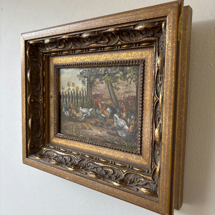Antique Oil Painting Animals "Flock Of Chickens" Intriguing Small Art Holland Art Shop