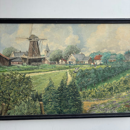 Original Landscape Oil Painting "Village Windmill" Authentic Artwork Holland Art Shop