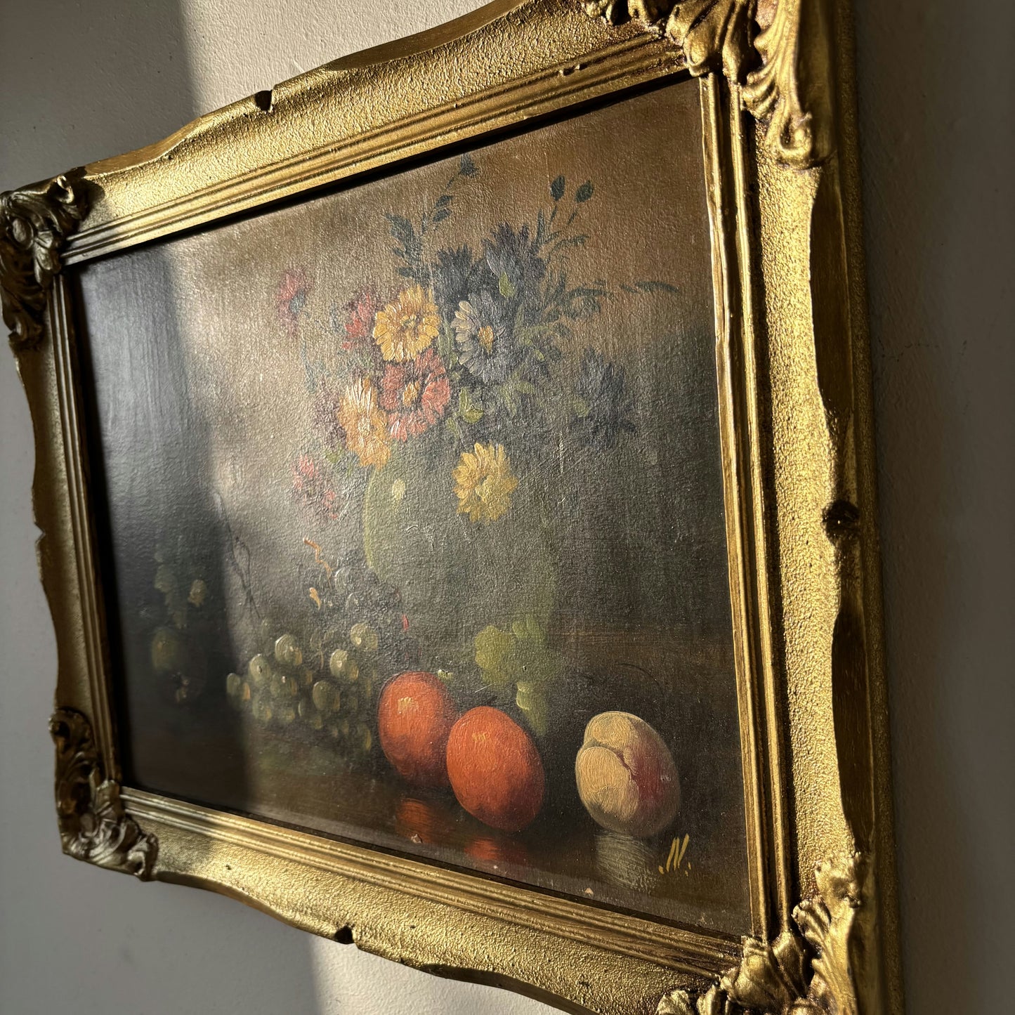 Antique Flowery Still Life Oil Painting "Fruit Arrangement" Refined Medium Art