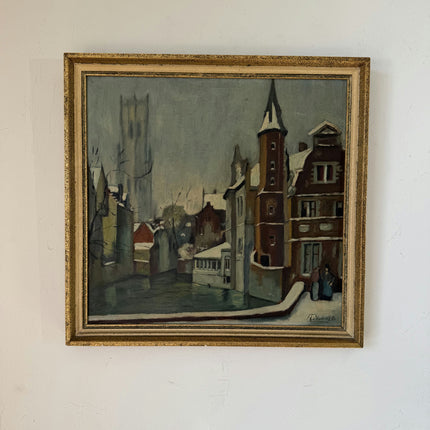 Handcrafted Oil Painting Cityscape "Snowy Street Corner" Remarkable Small Art Holland Art Shop