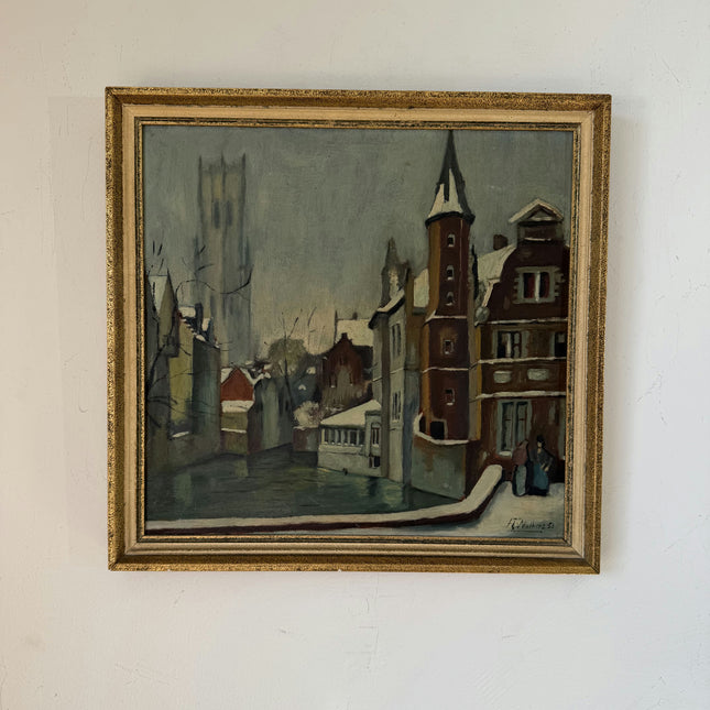 Handcrafted Oil Painting Cityscape "Snowy Street Corner" Remarkable Small Art Holland Art Shop