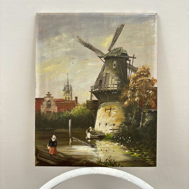 Timeless Landscape Oil Painting "Windmill Tower" Authentic Small Artwork Holland Art Shop