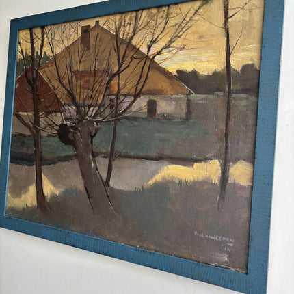 1942 Farm Oil Painting "Thatched Roof" Art Holland Art Shop