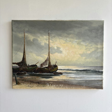 Traditional Seascape Oil Painting "Fishing Boats" Detailed Small Art Holland Art Shop