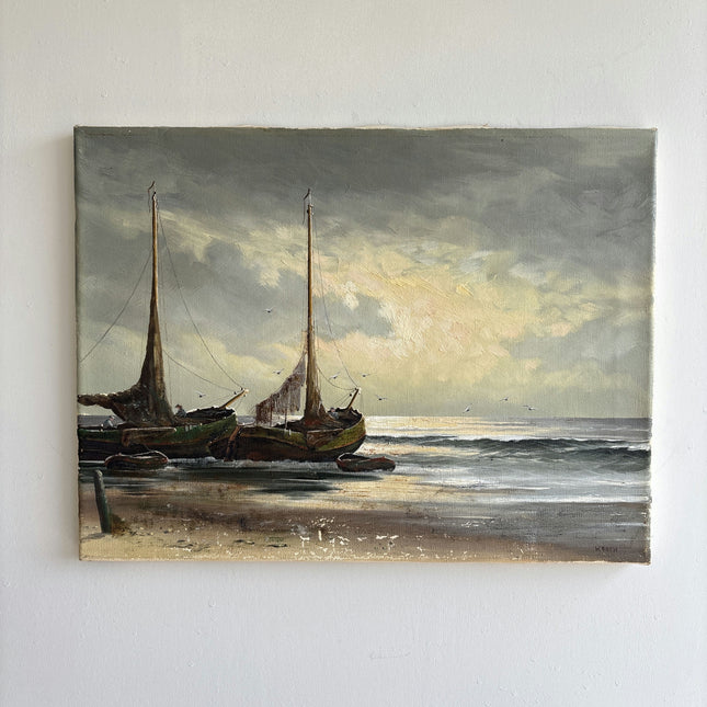 Traditional Seascape Oil Painting "Fishing Boats" Detailed Small Art Holland Art Shop