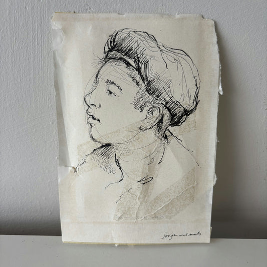 Remarkable Portrait Ink Drawing "Thoughtful Portrait" Refined Small Artwork