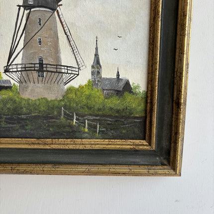 Traditional Landscape Oil Painting "Windmill Tower" Rustic Small Artwork Holland Art Shop